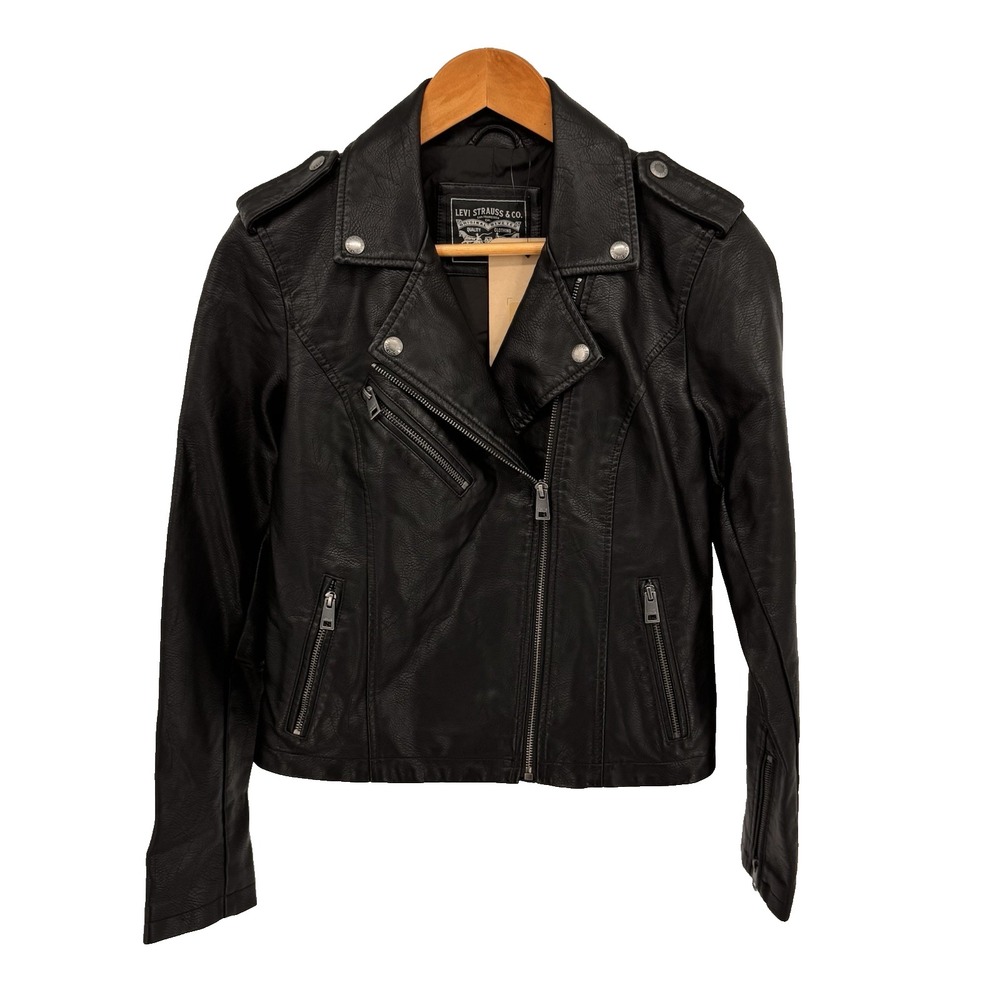 New Levi's Classic Women's Black Faux-Leather Motorcycle Biker Jacket Small